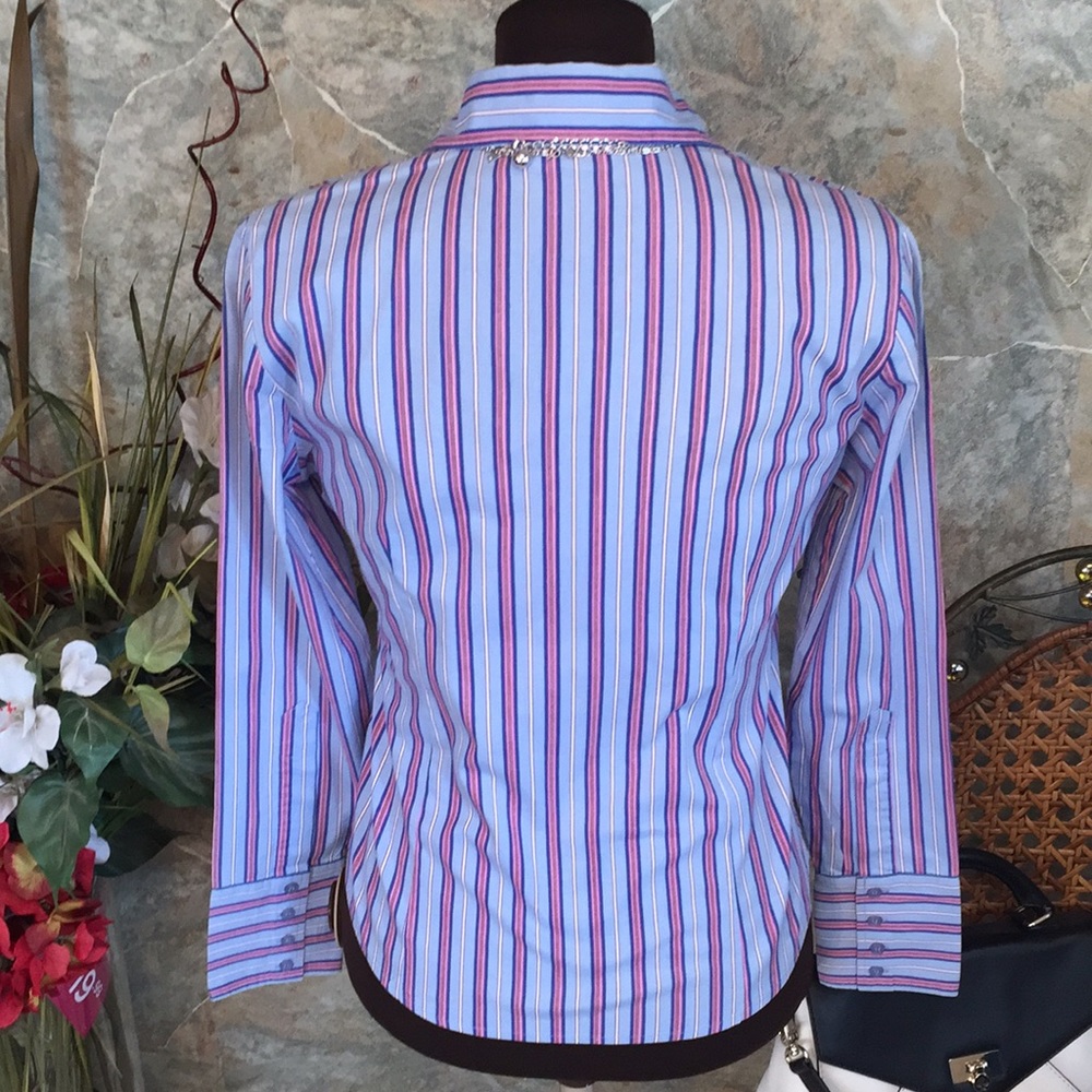 Ninety 🌹Shirt top blouse tunic striped shape flattering 4 button cuff - Picture 7 of 8